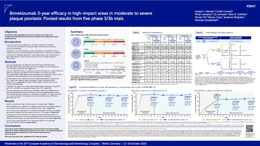 Bimekizumab 3‑year efficacy in high‑impact areas in moderate to severe plaque psoriasis: Pooled results from five phase 3/3b trials